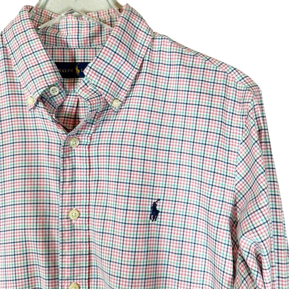 RALPH LAUREN Men's Medium 100% Cotton Pink/Blue fine Plaid Button Down Shirt - Picture 3 of 8